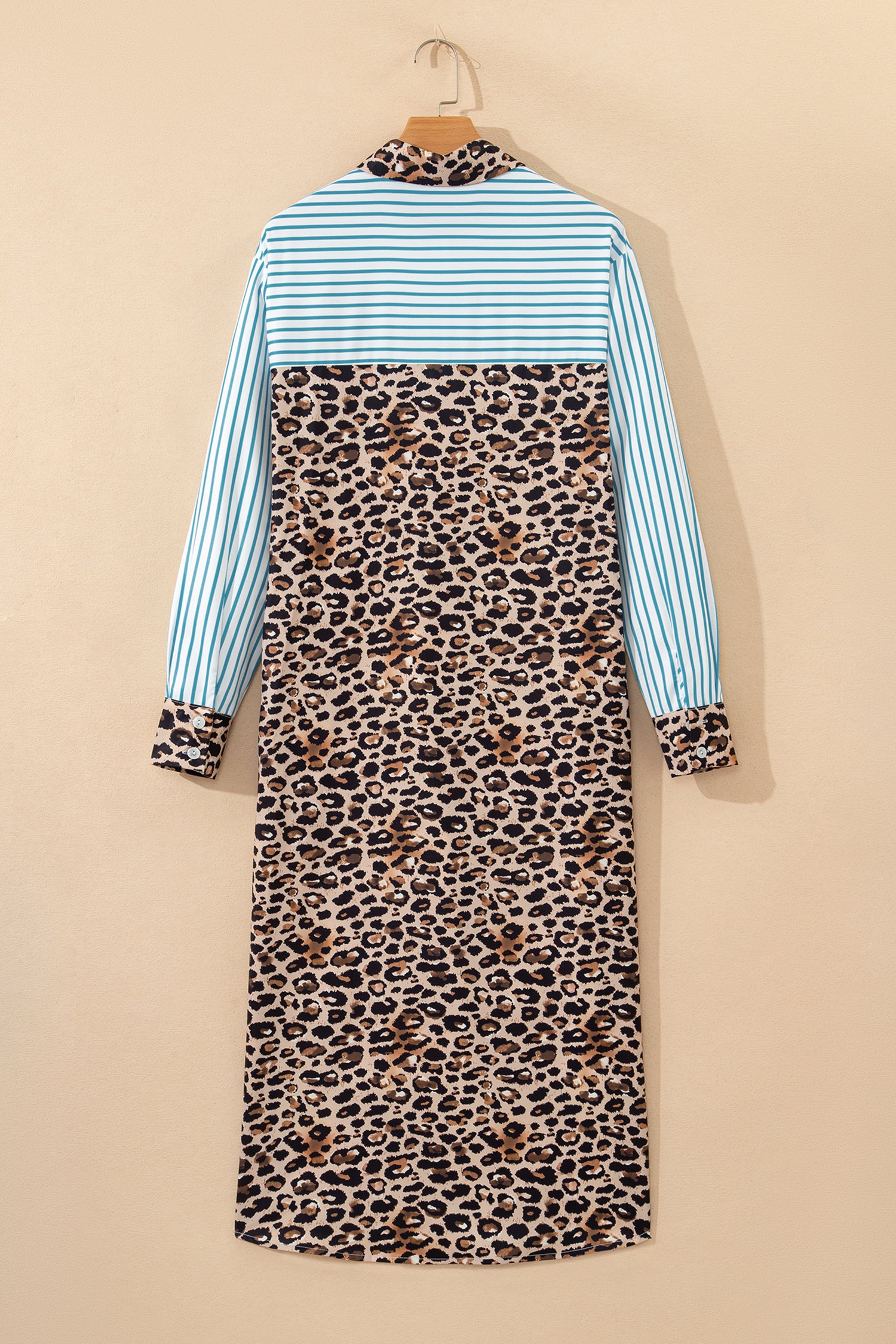 Women's Brown Stripe Contrast Leopard Patchwork Long Shirt Dress with Slits at LivelyLooks