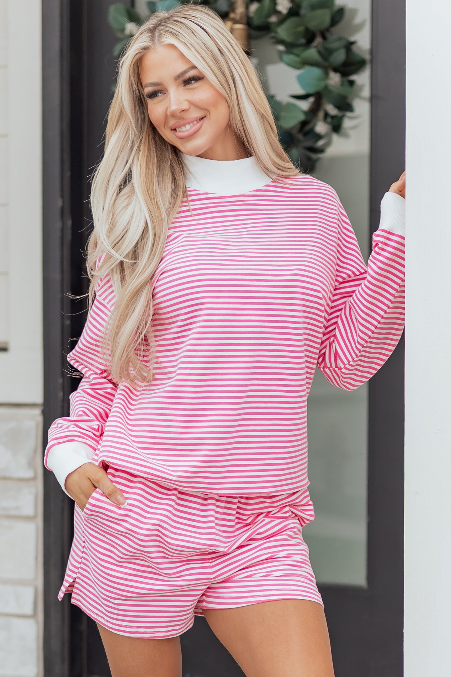LivelyLooks Striped Oversized Mock Neck Sweatshirt & Shorts Co-ord Set | Blue, Pink, Green | S-XL women's fashion