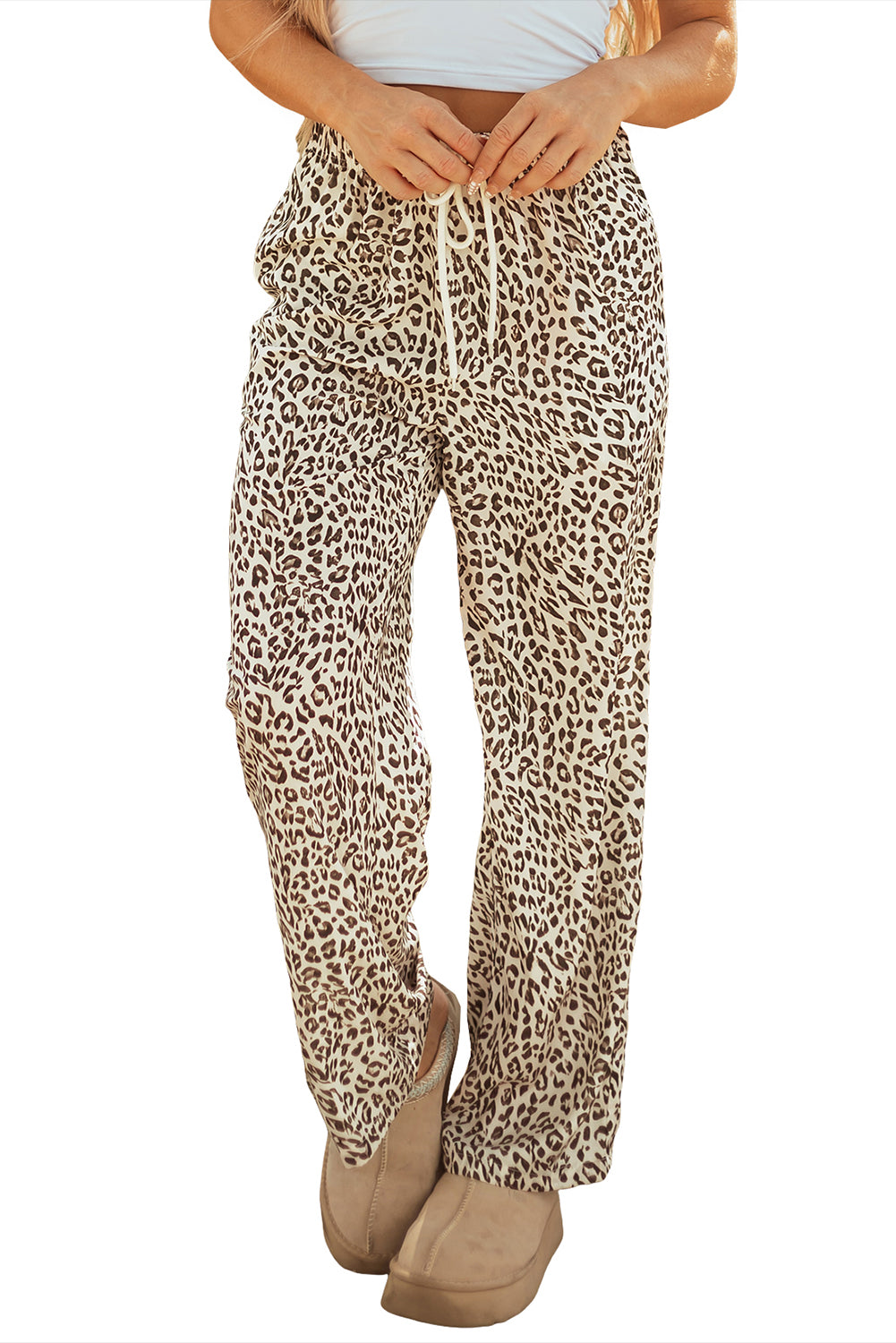 Leopard Print Drawstring Elastic Waist Loose Trousers | Brown & Khaki