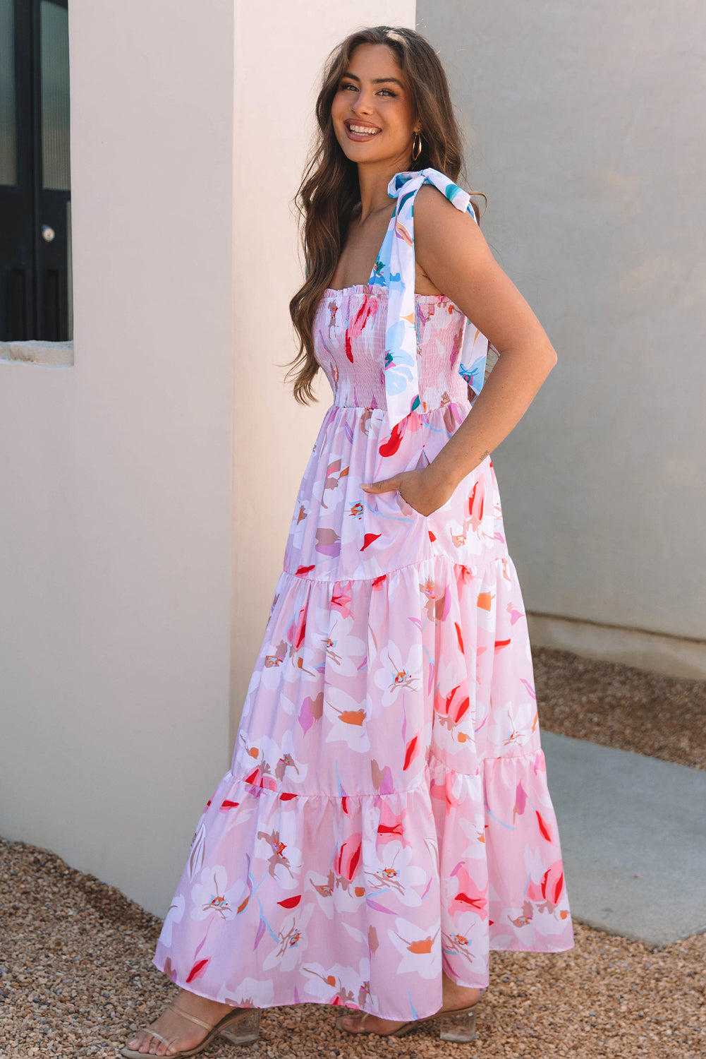 LivelyLooks Pink Floral Print Knotted Shoulder Smocked Maxi Dress Summer Boho Casual Sundress women's fashion