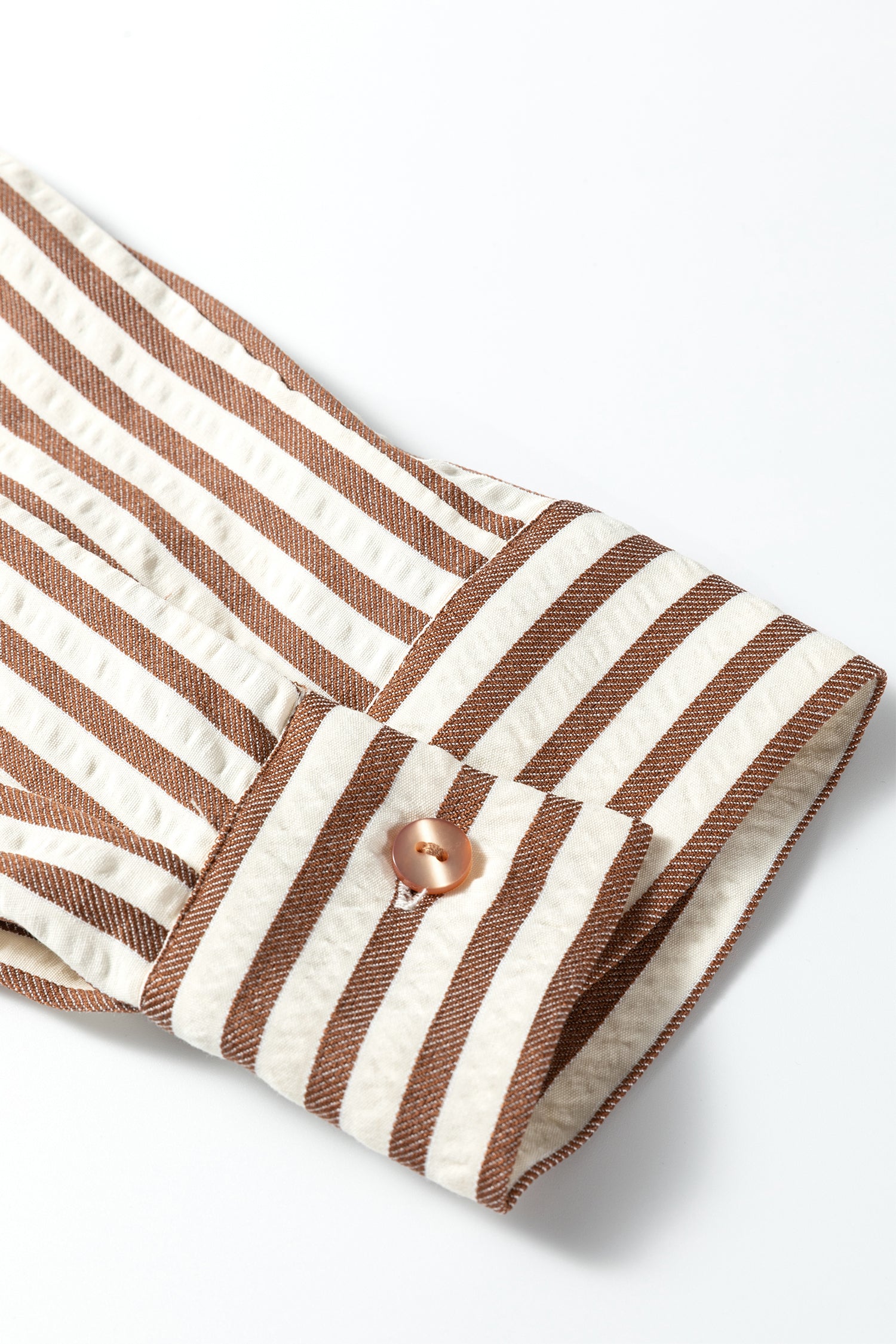 Brown Stripe Textured Midi Shirt Dress 3/4 Sleeve Round Hem Split Women S-XL