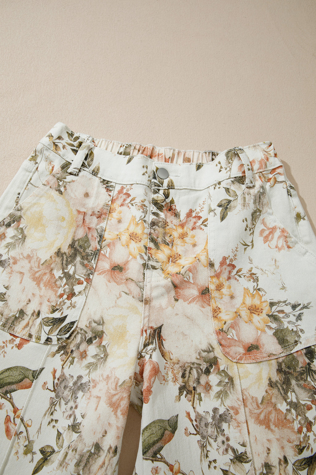LivelyLooks Beige Vintage Style Floral Print High Waist Wide Leg Jeans women's fashion