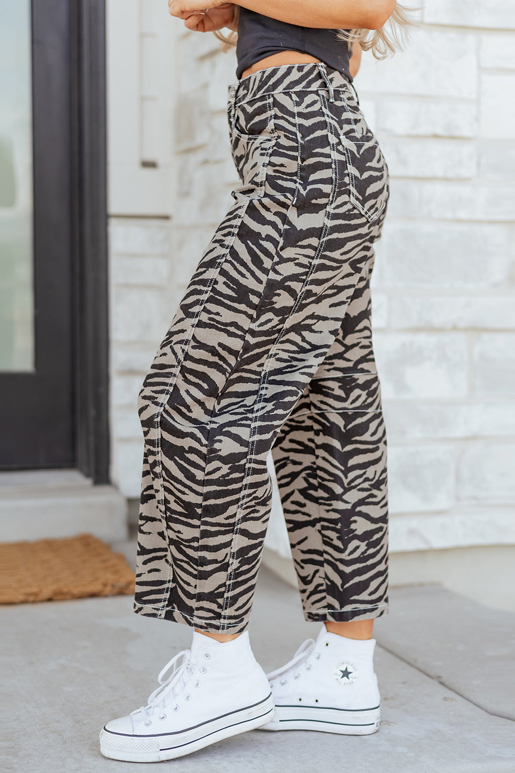 Women's Grey Zebra Print Barrel Leg Jeans Mid-Rise Wide Leg UK 4-16 at LivelyLooks