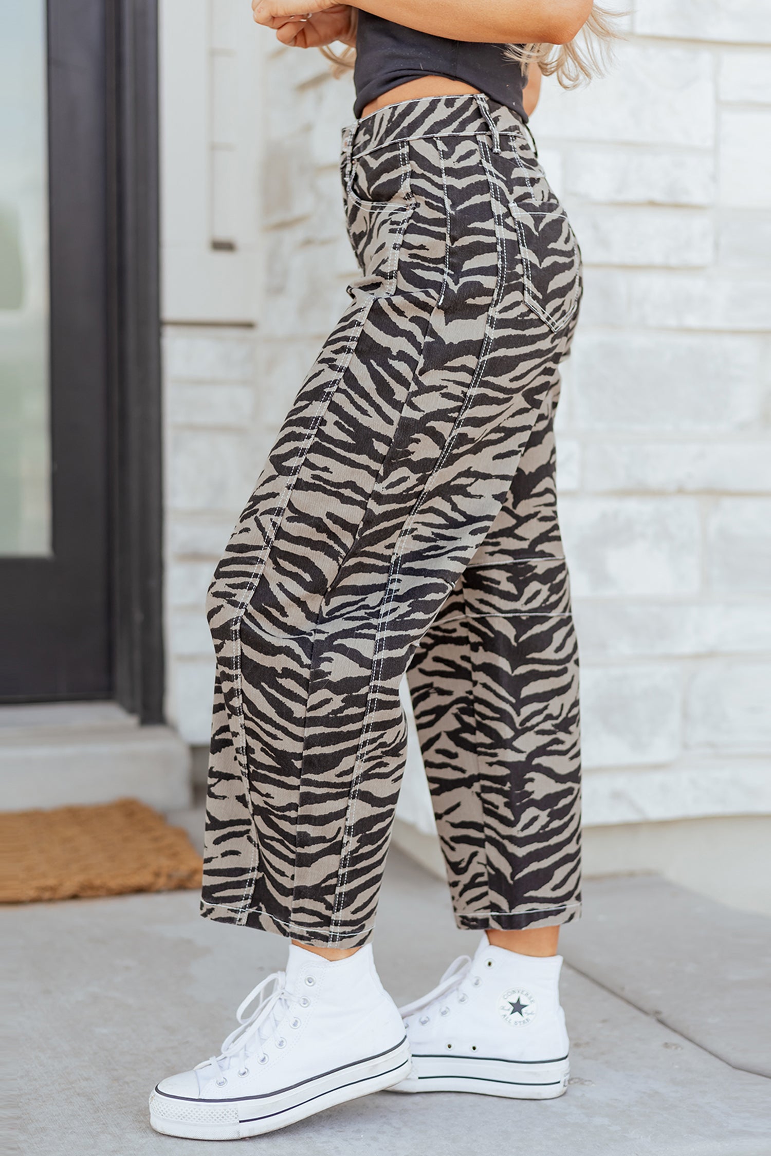 Women's Grey Zebra Print Barrel Leg Jeans Mid-Rise Wide Leg UK 4-16 at LivelyLooks