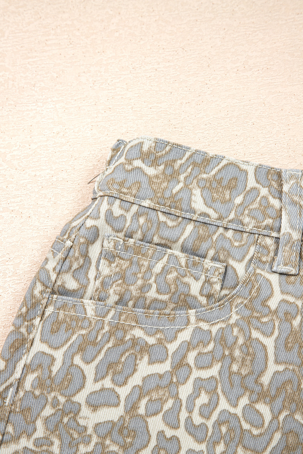Khaki Raw Edge Leopard Print Denim Shorts | UK 8–20
