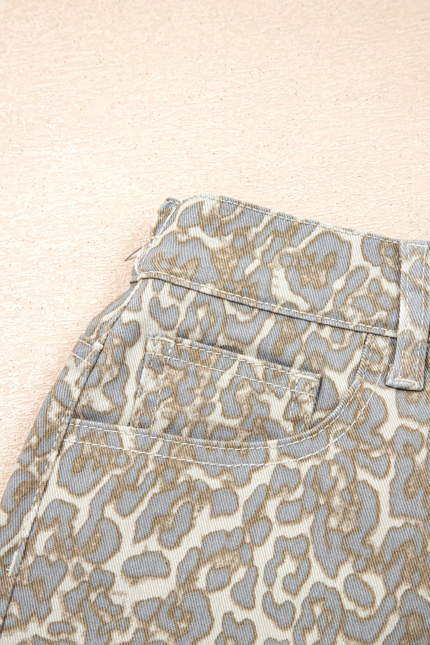 Khaki Raw Edge Leopard Print Denim Shorts | UK 8–20
