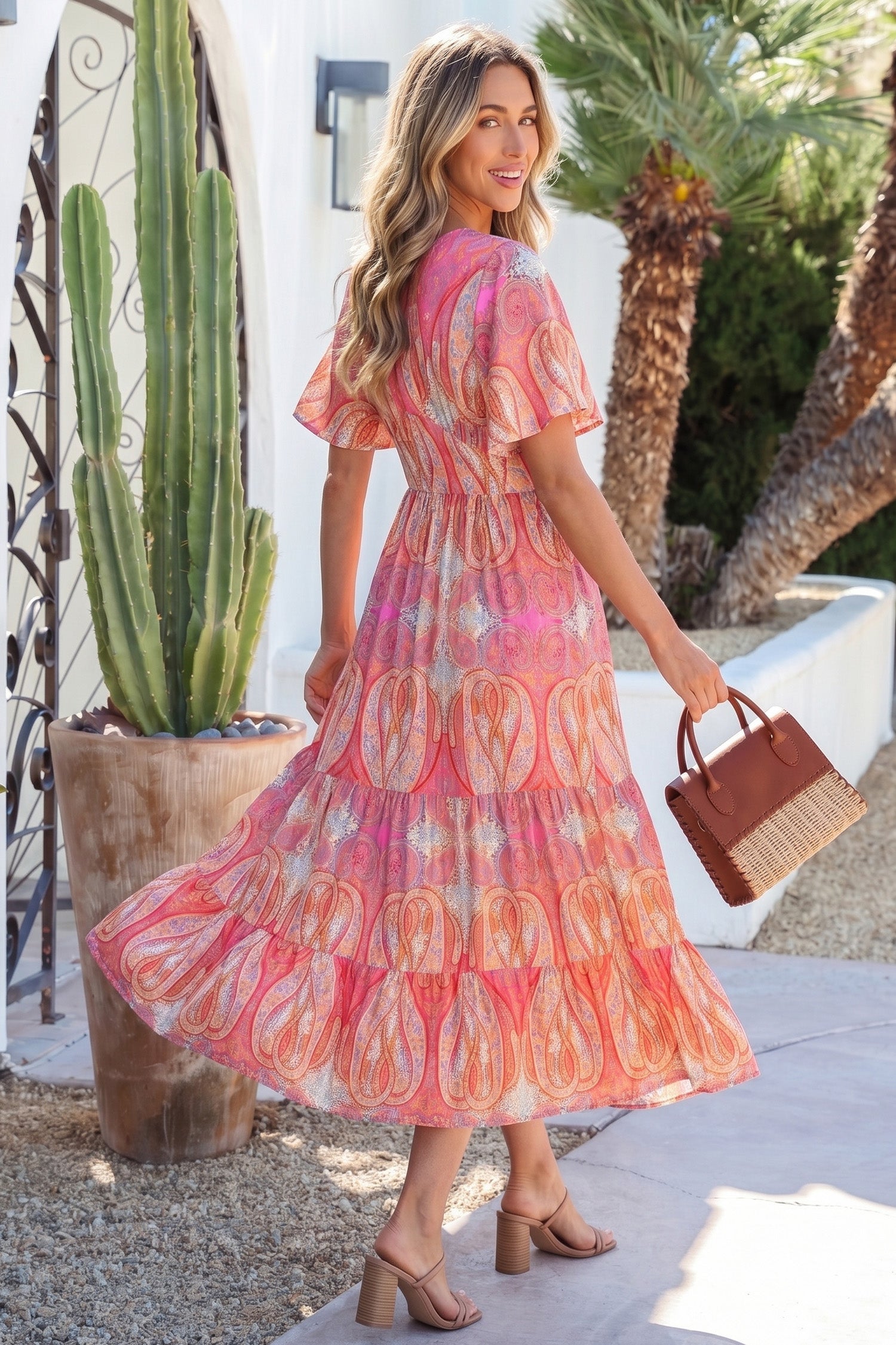 Multicolour Paisley Print V-Neck Flutter Sleeve Boho Maxi Dress