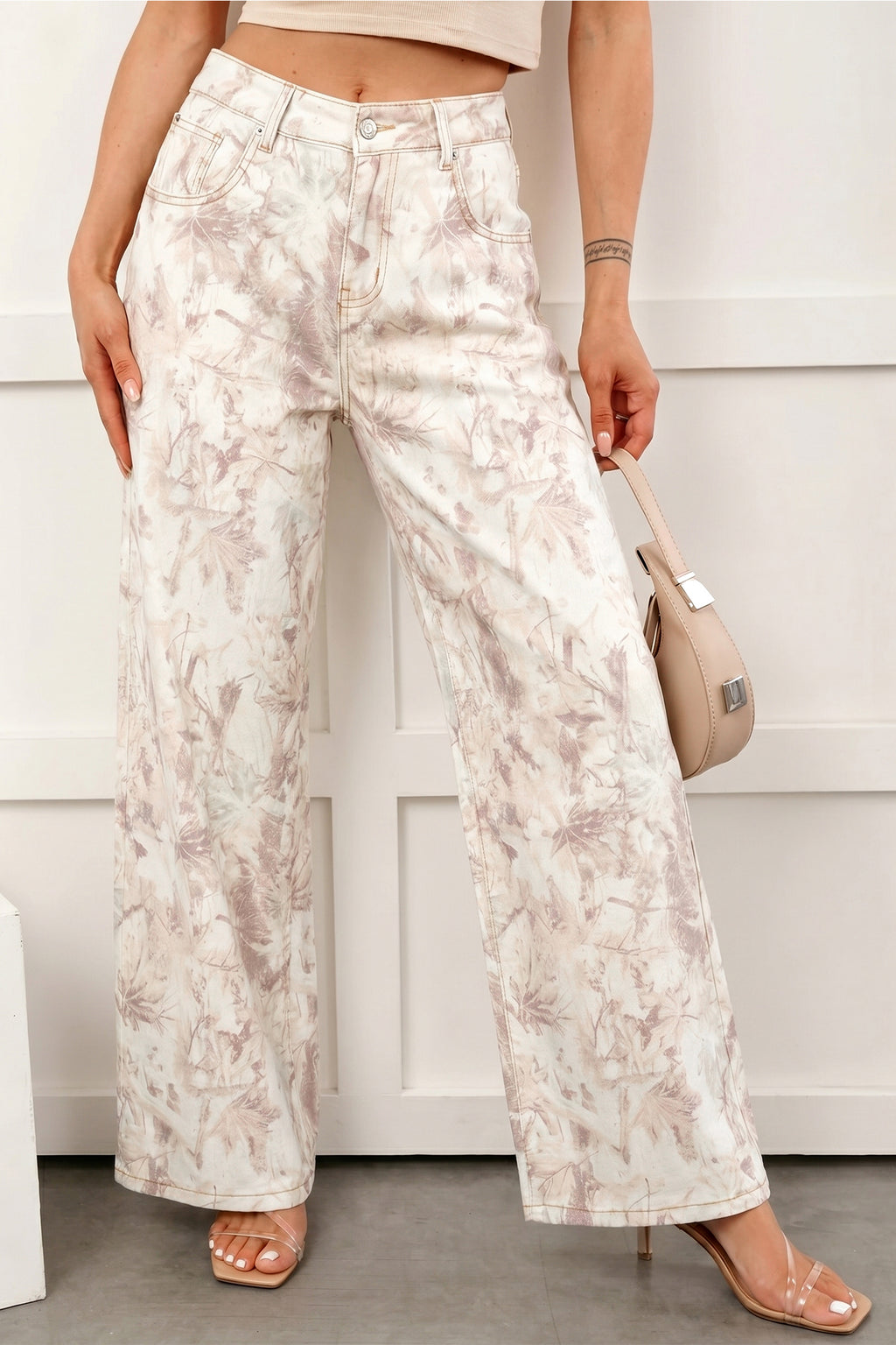 Khaki Woodland Camo Tummy Control Denim Wide Leg Jeans | UK 8–18