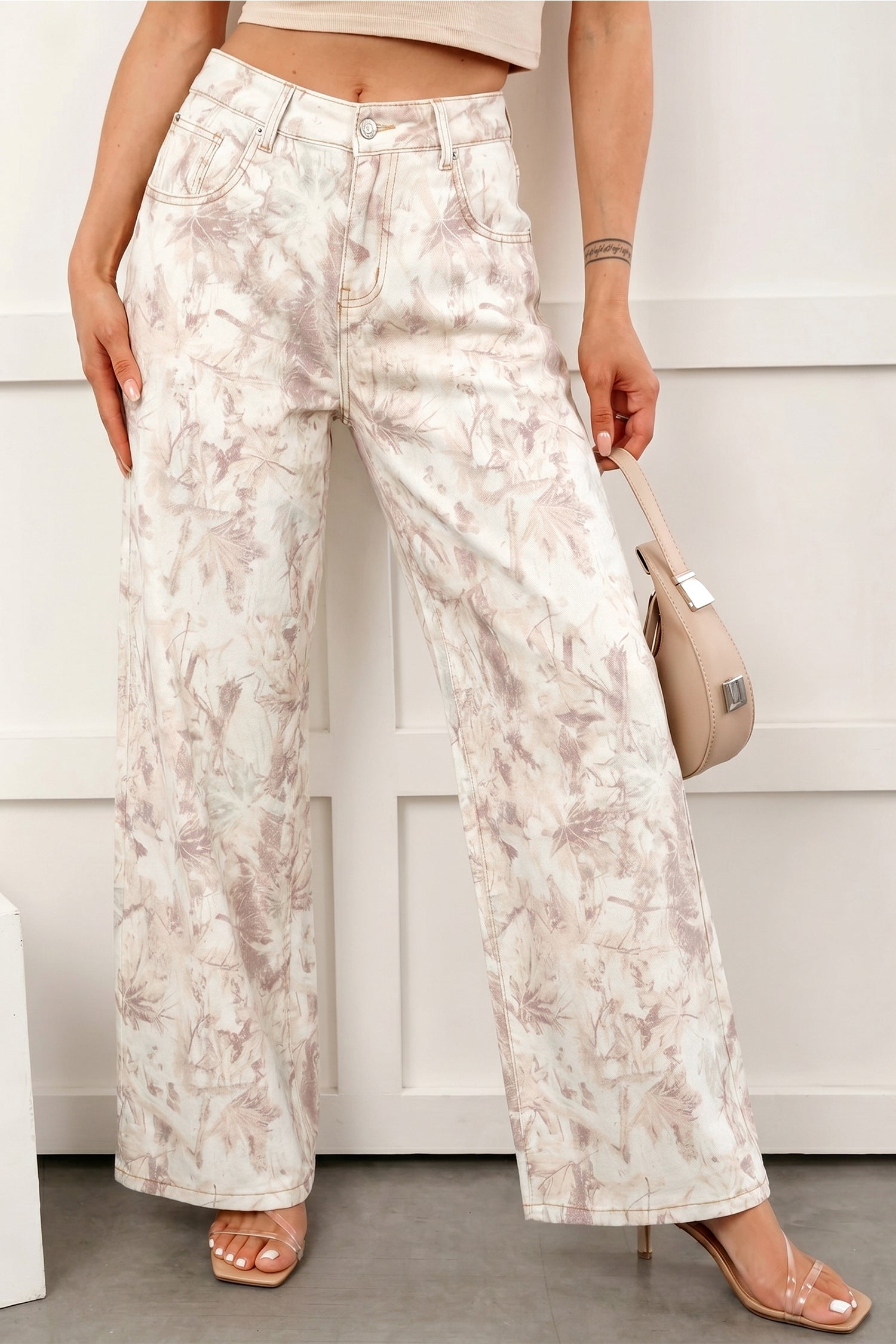 Khaki Woodland Camo Tummy Control Denim Wide Leg Jeans | UK 8–18