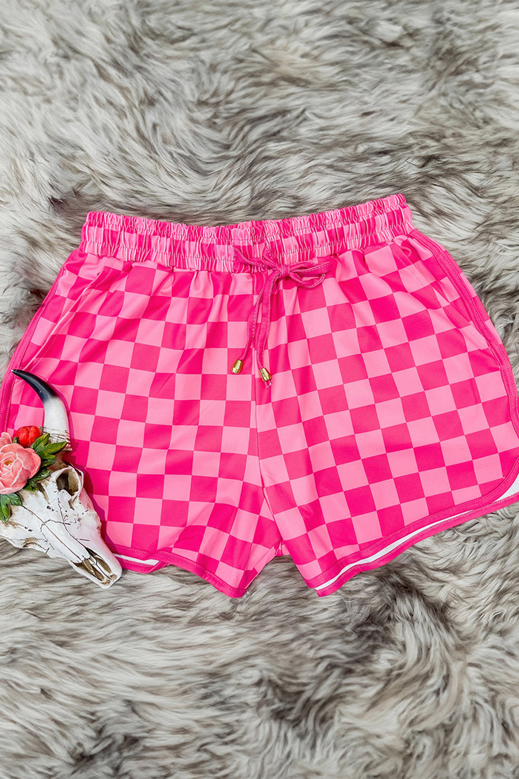 Rose Checkered Casual Shorts Drawstring Elastic Waist Women S-2XL