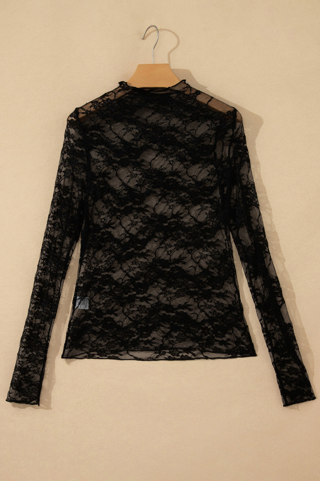 LivelyLooks Black Sheer Floral Lace Lettuce Trim Mock Neck Long Sleeve Top women's fashion