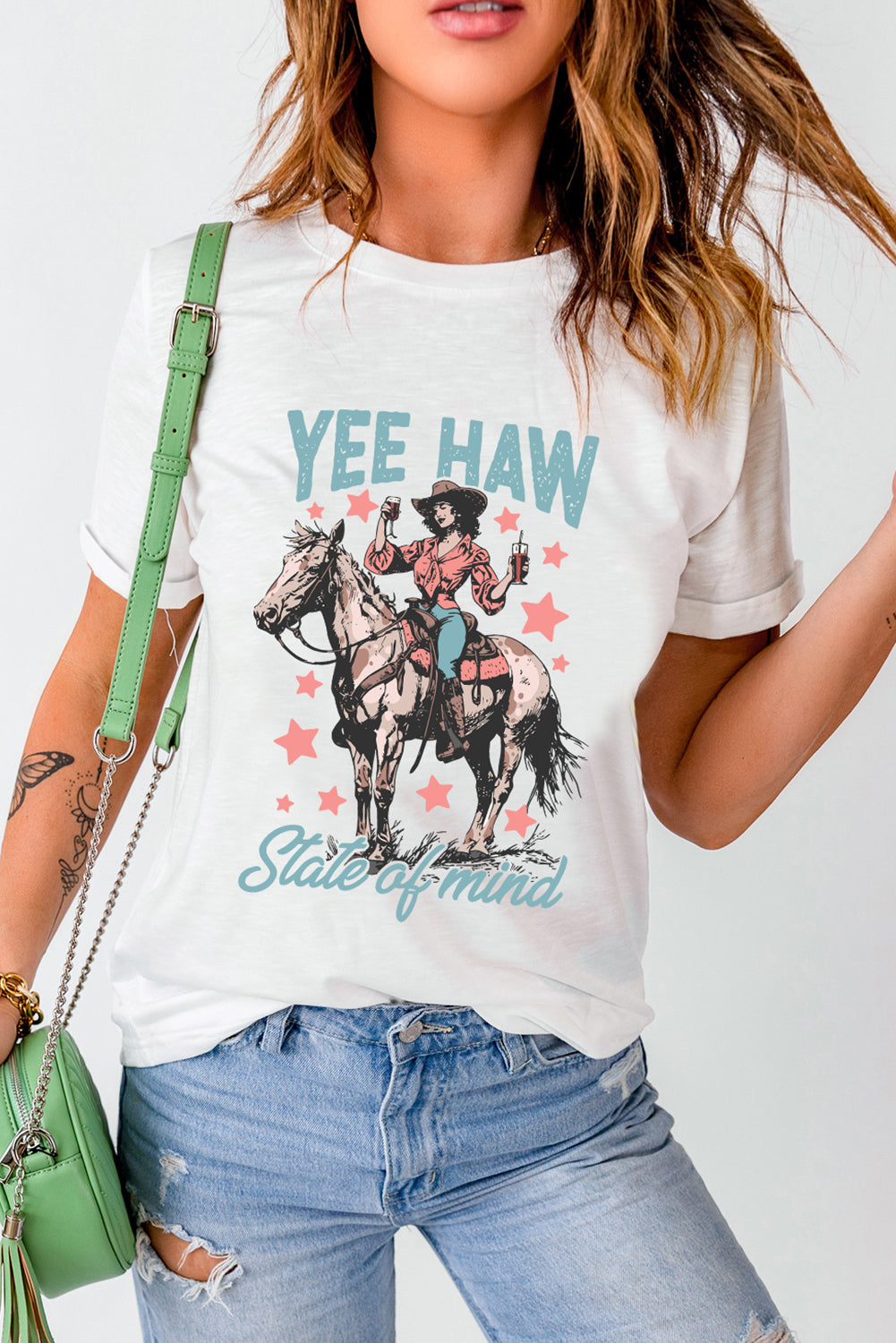 Shop White Yee Haw Cowgirl Graphic Western Fashion Tee S-3XL at LivelyLooks
