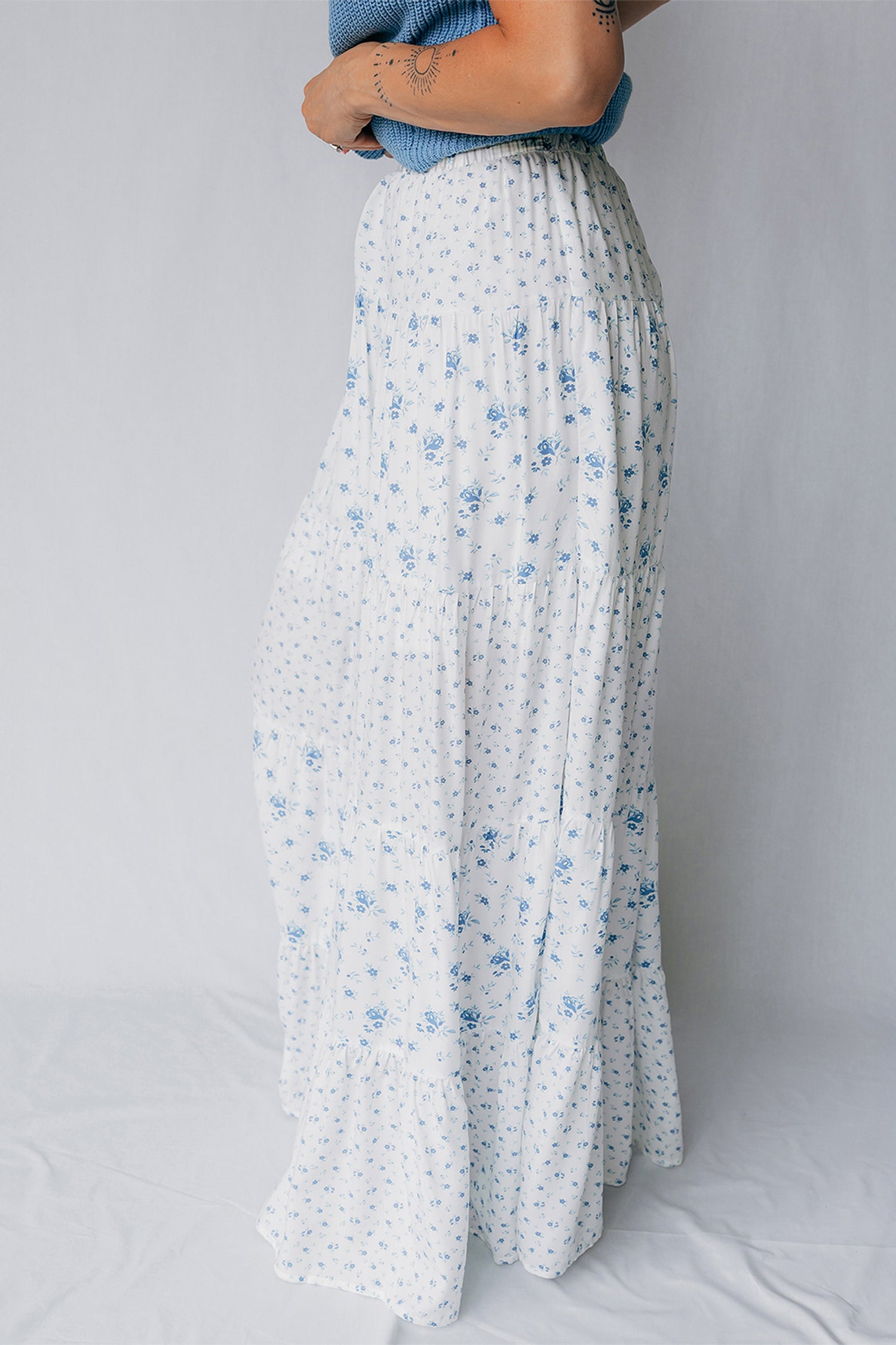 Women's Women's Boho Floral Tiered Maxi Skirt Patchwork Ruffled Elastic Waist White S-XL at LivelyLooks