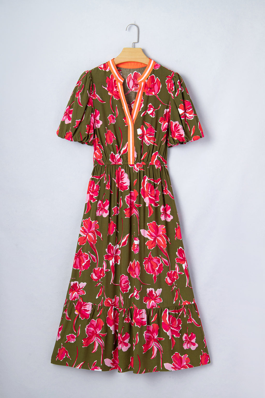 Green Floral Maxi Dress Striped Trim Split Neck Puff Sleeve Ruffle Hem Women S-XL