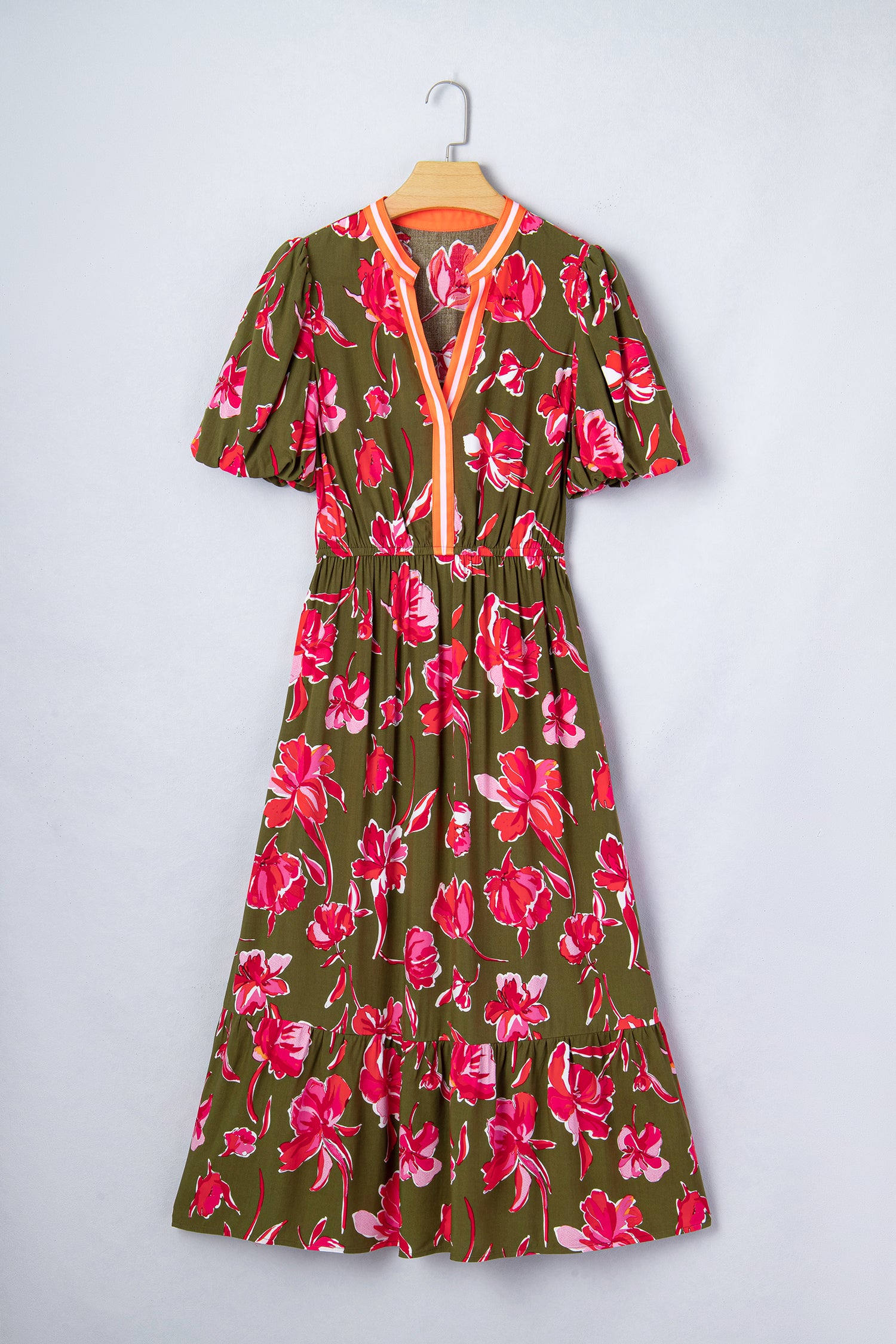 Green Floral Maxi Dress Striped Trim Split Neck Puff Sleeve Ruffle Hem Women S-XL