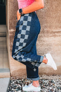 Women's Women's Patchwork Denim Pants Checkered Side Panel Drawstring Loose Sizes 4-16 at LivelyLooks