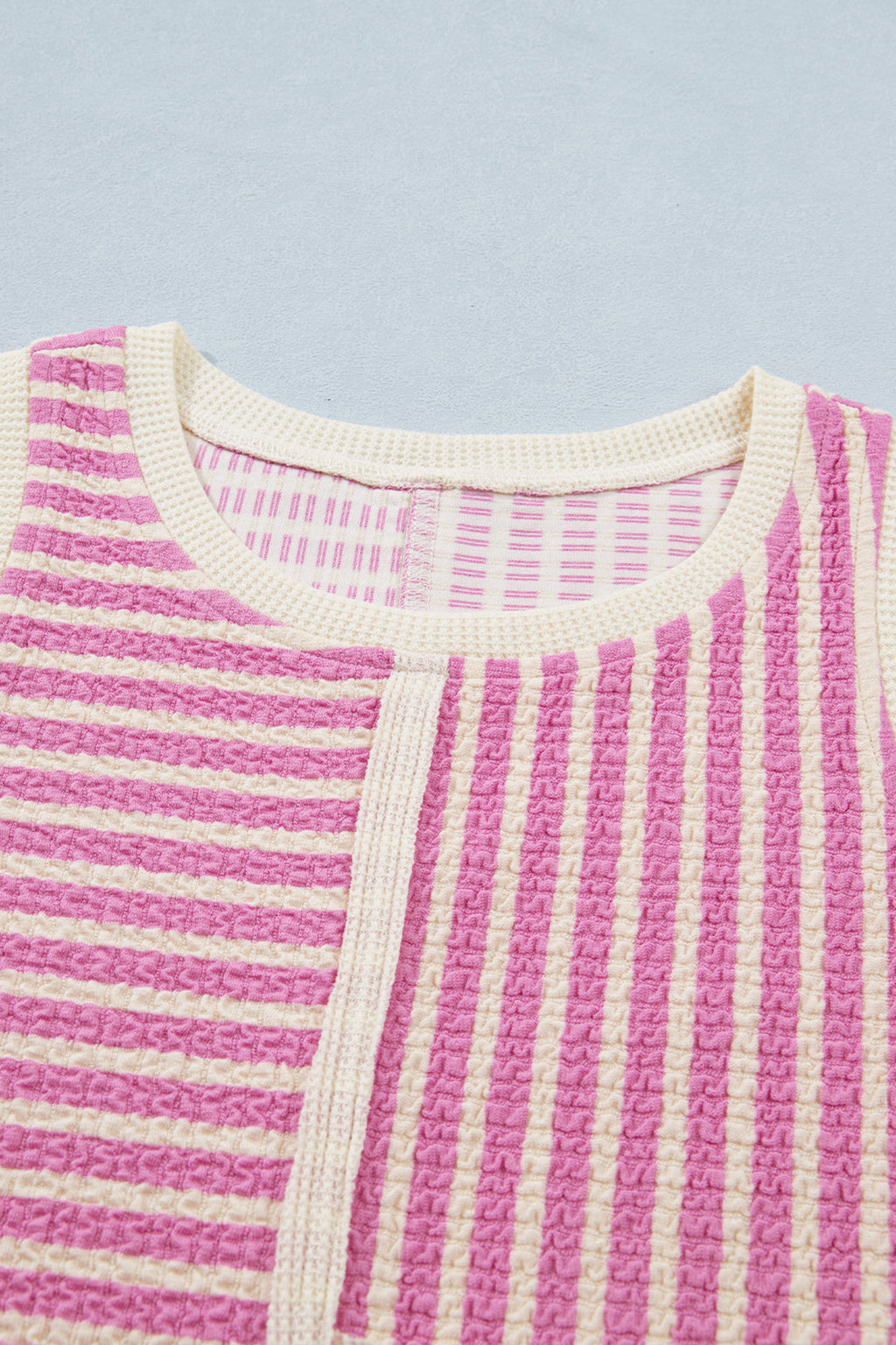 Pink Stripe Textured Contrast Trim Tank & Shorts Co-ord Set