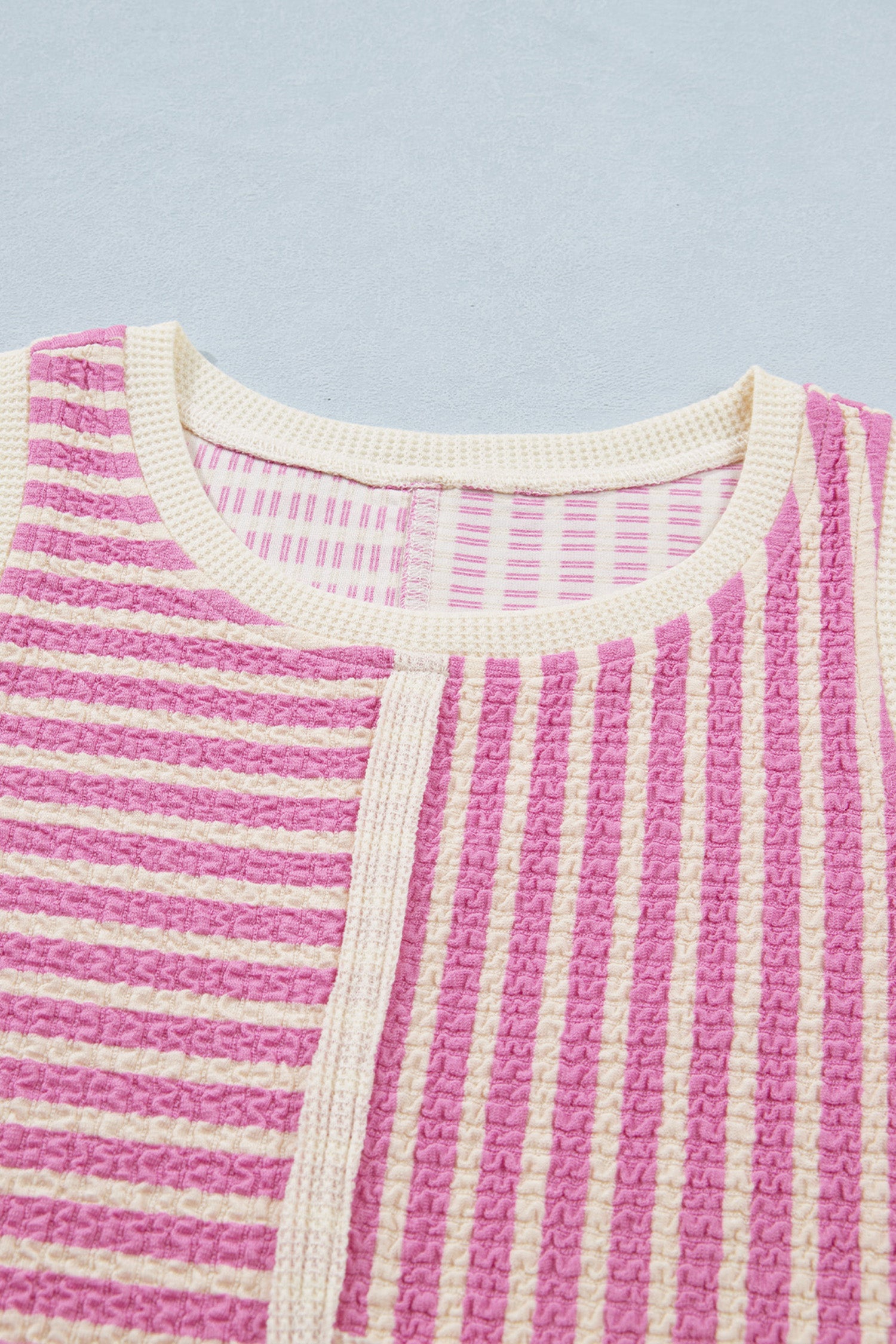 Pink Stripe Textured Contrast Trim Tank & Shorts Co-ord Set