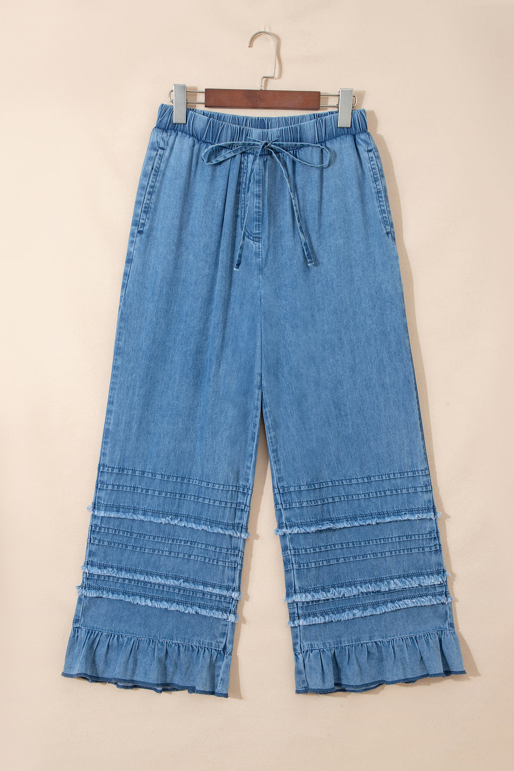 Shop Dusk Blue Ruffled Hem Wide Leg Chambray Trousers UK 8-20 at LivelyLooks