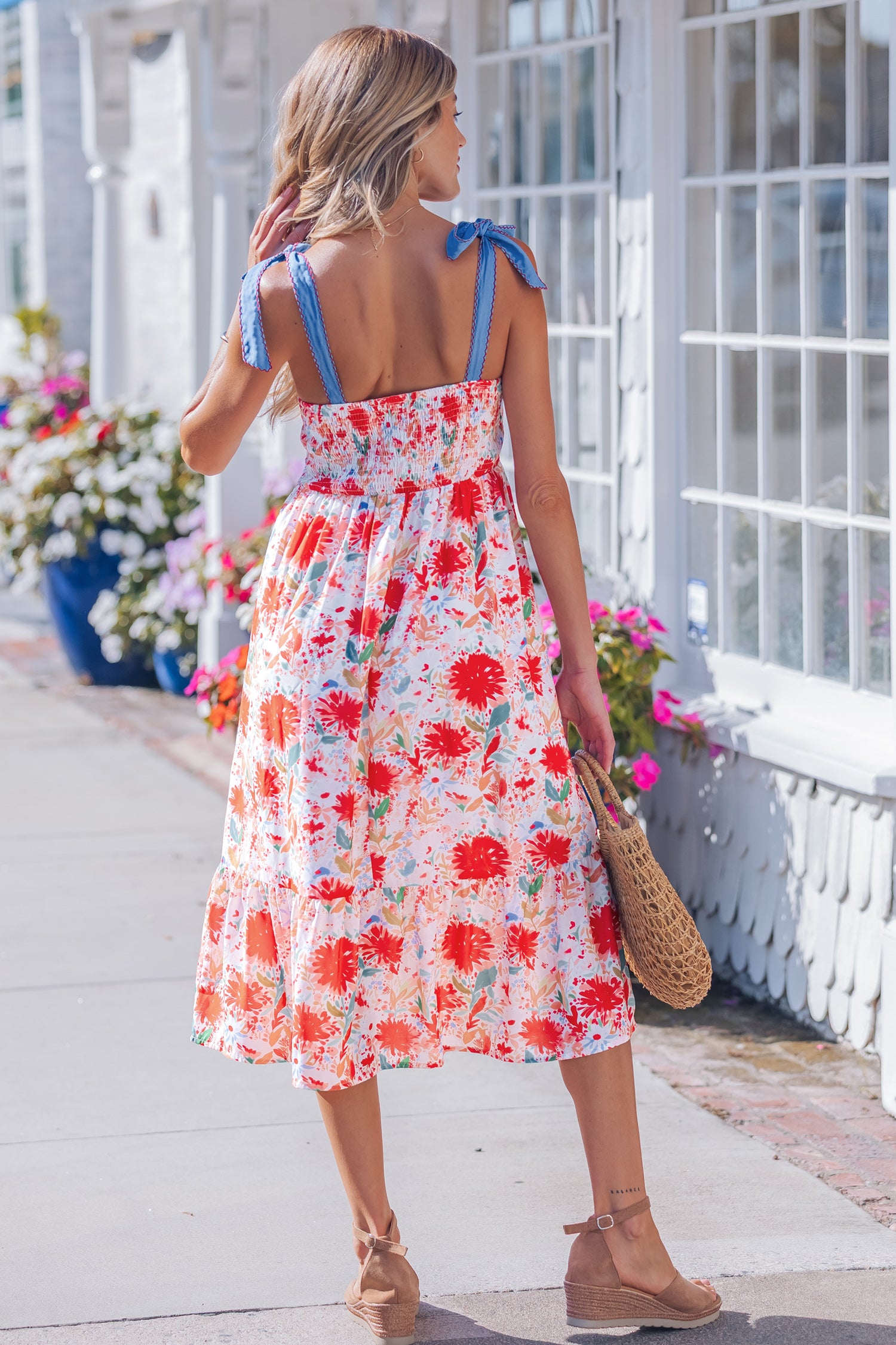 LivelyLooks Yellow Floral Print Contrast Stitched Knot Denim Straps High Waist Dress women's fashion