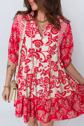 Women's Red Floral Collared V-Neck Half Sleeve Loose Mini Dress at LivelyLooks