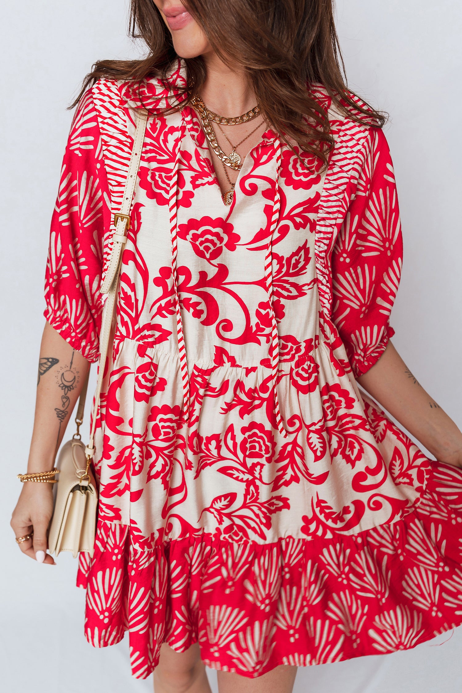 Women's Red Floral Collared V-Neck Half Sleeve Loose Mini Dress at LivelyLooks