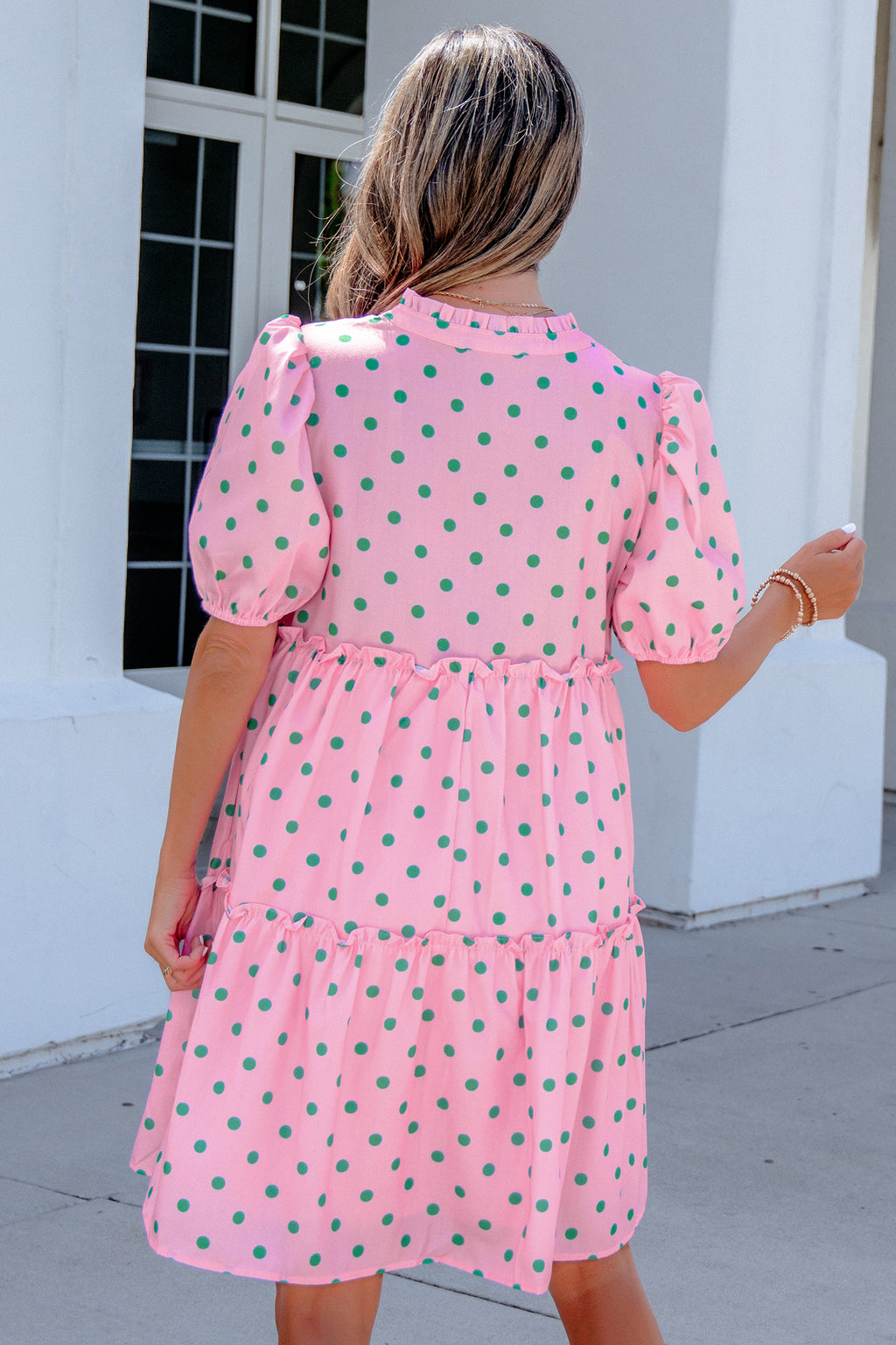 Pink Polka Dot Print V Neck Short Sleeve Tiered Mini Dress | UK 8–22