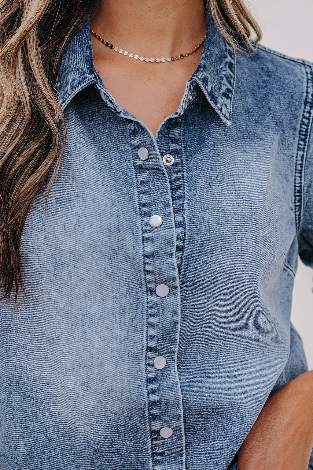 LivelyLooks Beau Blue Frilled Short Sleeve Snap Button Denim Shirt women's fashion