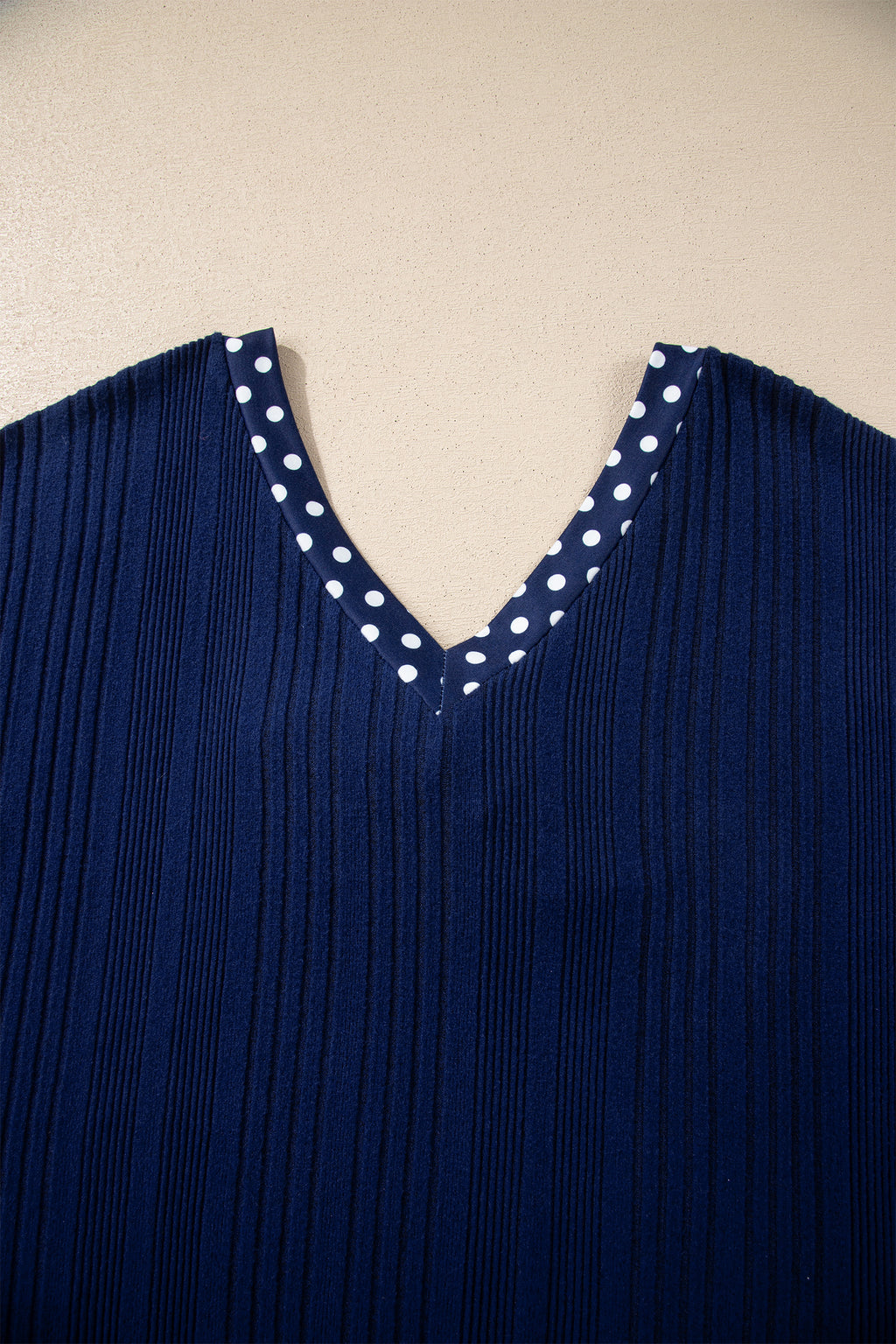 Women's Dusty Blue Polka Dot Trim Bow Tie V Neck Ribbed Top at LivelyLooks