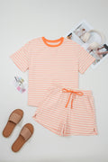 Women's Stripe Contrast Neck Tee & Drawstring Shorts Co-ord Set S-XL at LivelyLooks