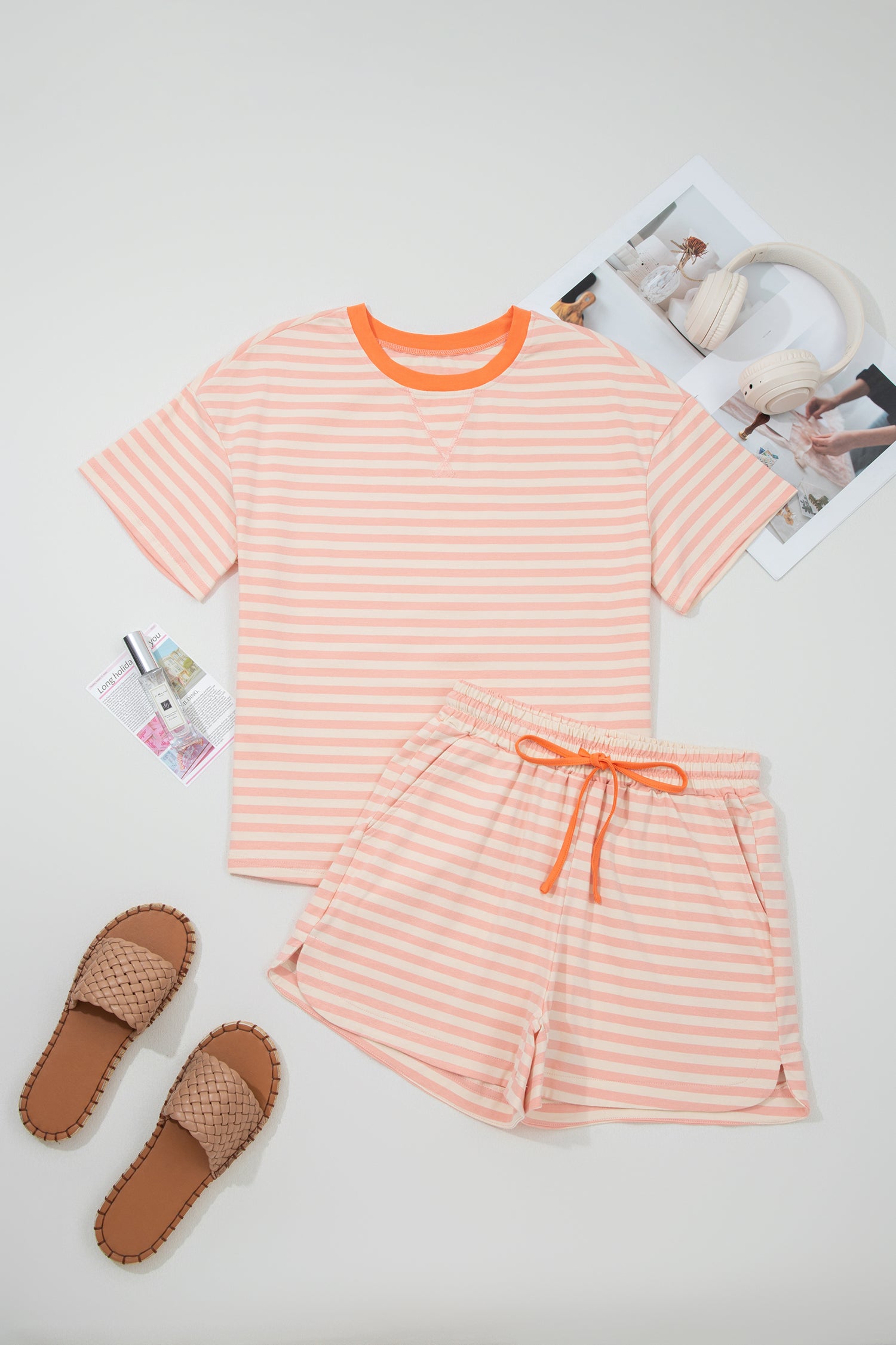 Women's Stripe Contrast Neck Tee & Drawstring Shorts Co-ord Set S-XL at LivelyLooks