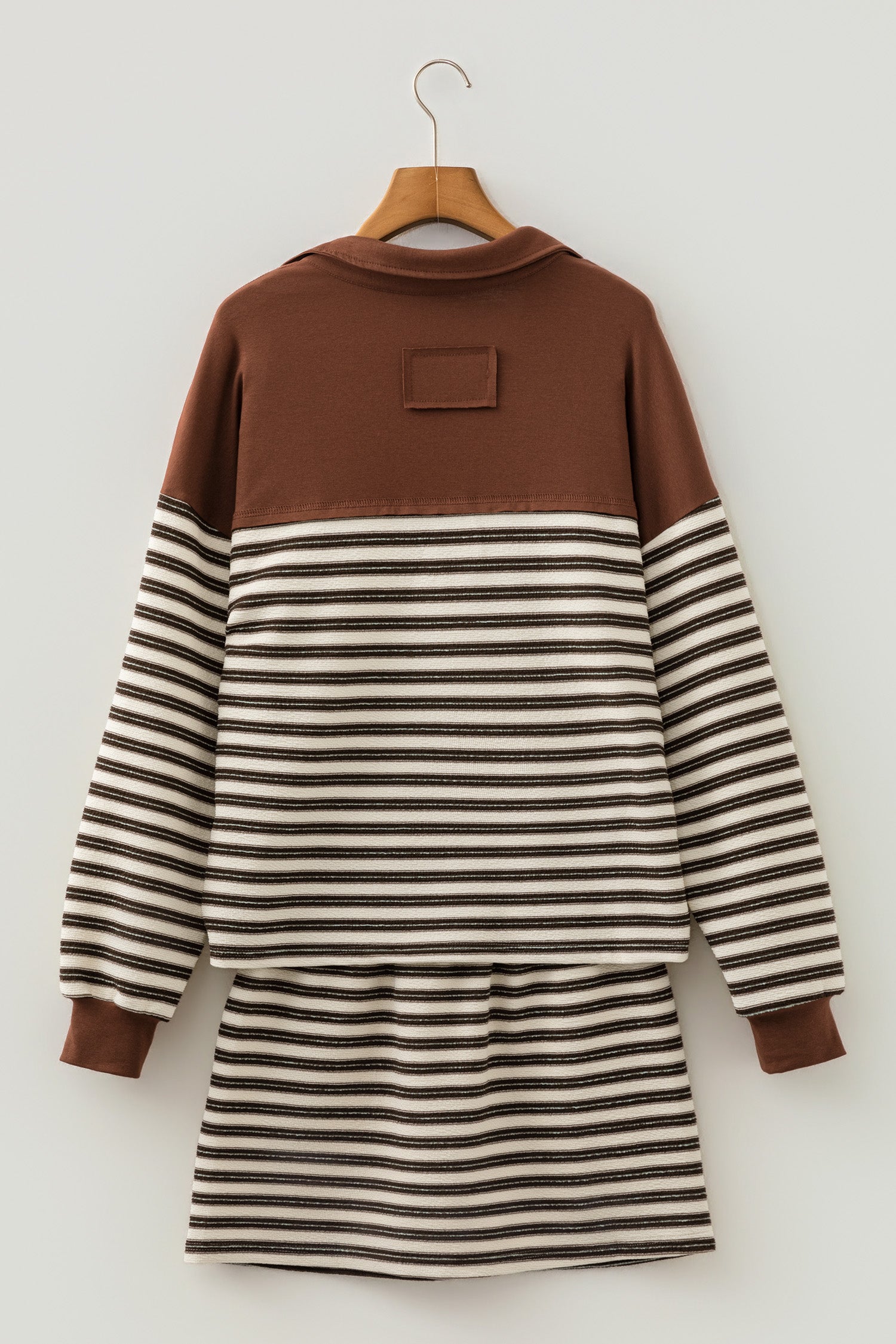 Brown Stripe Contrast Trim Long Sleeve Top & Drawstring Mini Skirt Set | UK 8–22