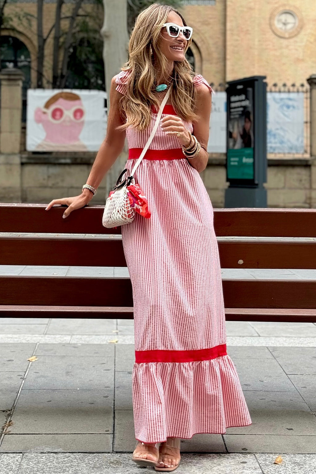 Women's Red Stripe Bow Knot Straps Contrast Trim High Waist Ruffle Maxi Dress at LivelyLooks