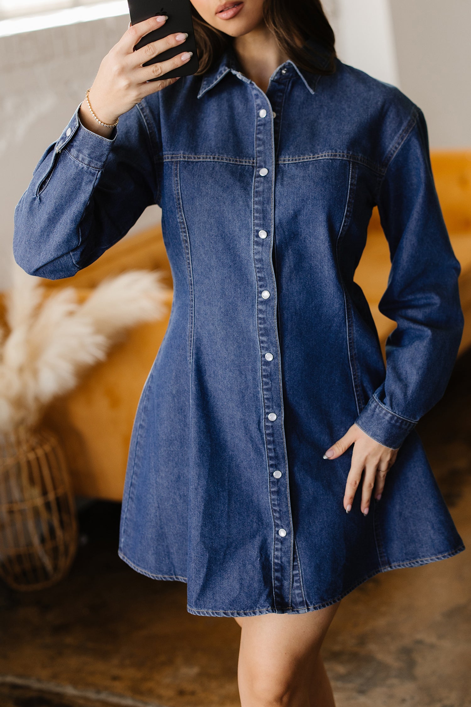 Blue Denim Shirt Collar Long Sleeve Flared Mini Dress | UK 8-22
