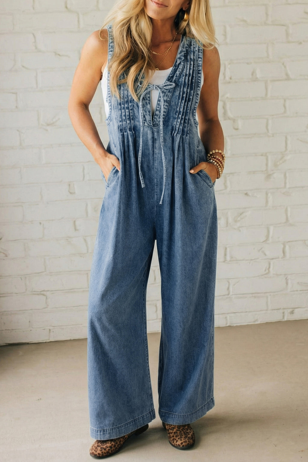 Women's Dusk Blue Acid Wash Pintuck Tie V-Neck Denim Wide-Leg Jumpsuit | S-XL at LivelyLooks