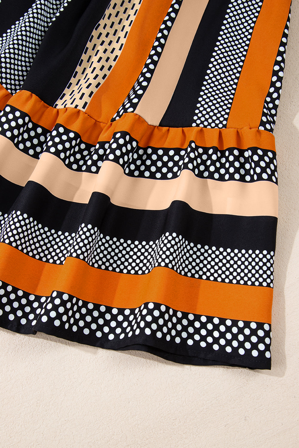 Black Striped Polka Dot Print Ruffle Hem V Neck Mini Dress S-XL