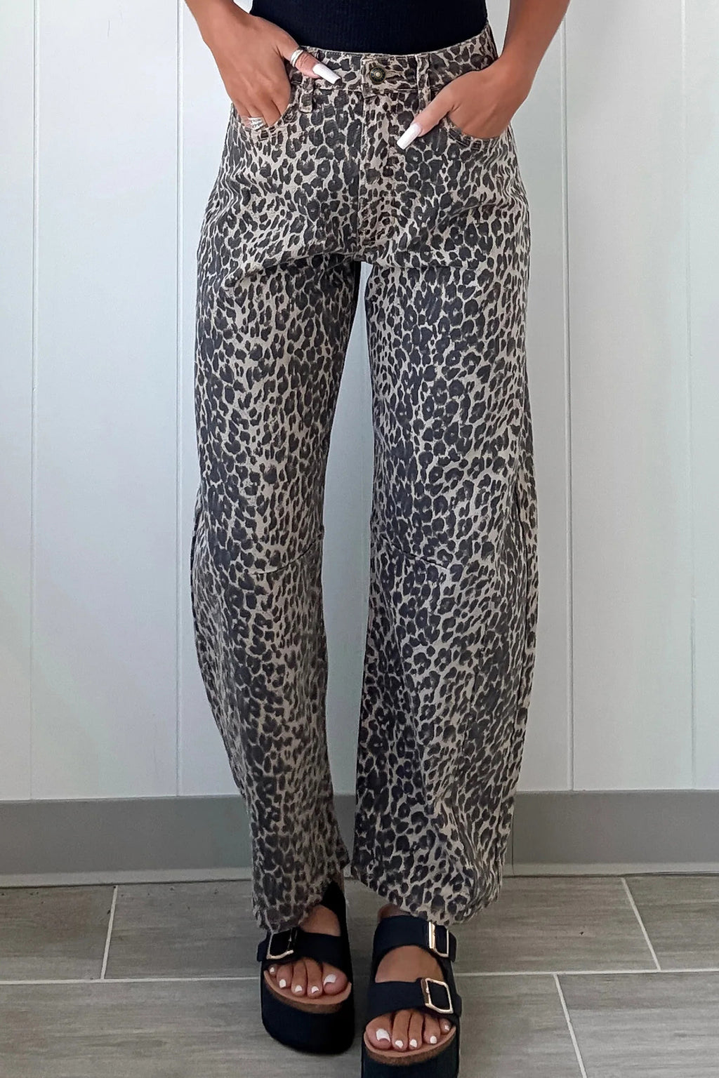 Shop Black Leopard Print High Waist Barrel Jeans UK 8-20 at LivelyLooks