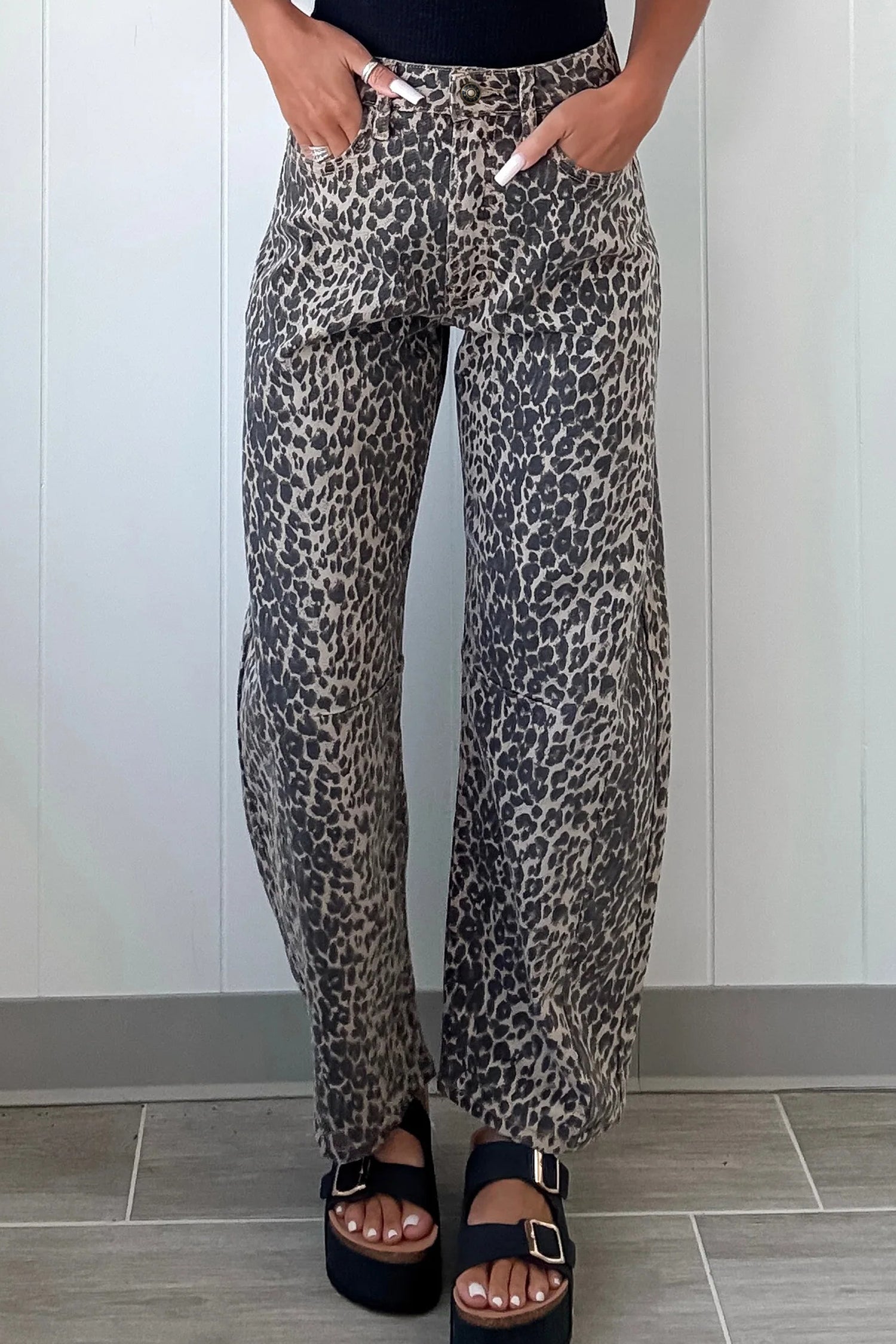 Shop Black Leopard Print High Waist Barrel Jeans UK 8-20 at LivelyLooks
