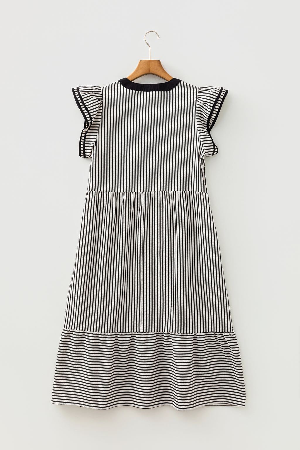 Stripe Double Ruffle Sleeve V-Neck Midi Dress | Green, Brown & Black