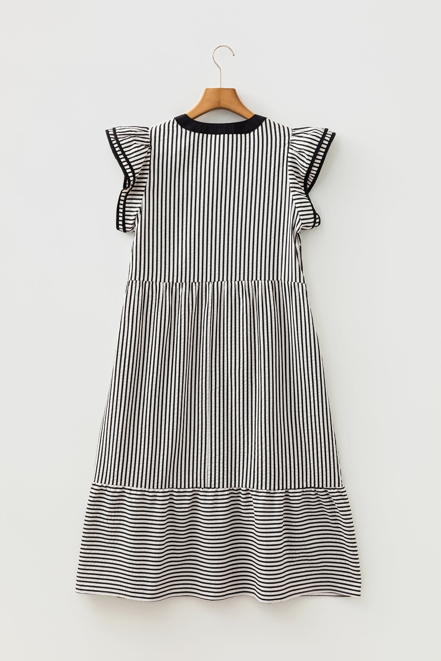 Stripe Double Ruffle Sleeve V-Neck Midi Dress | Green, Brown & Black