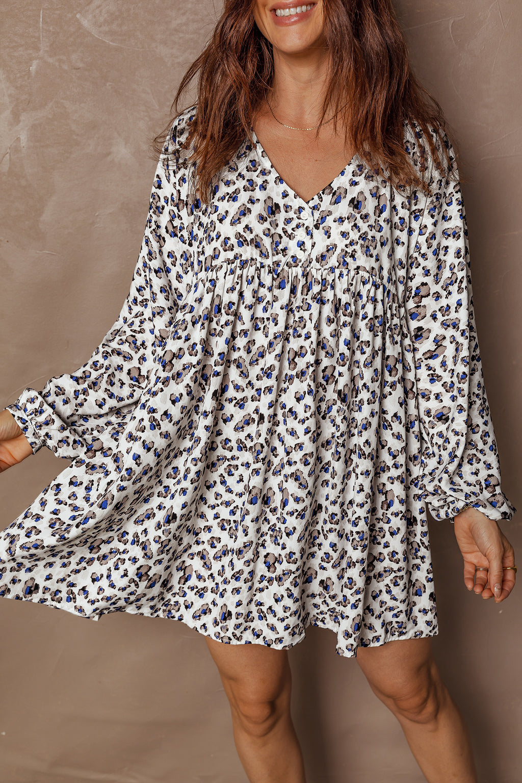 Women's Multicolour Leopard Print V Neck Button Detail Long Sleeve Mini Dress at LivelyLooks