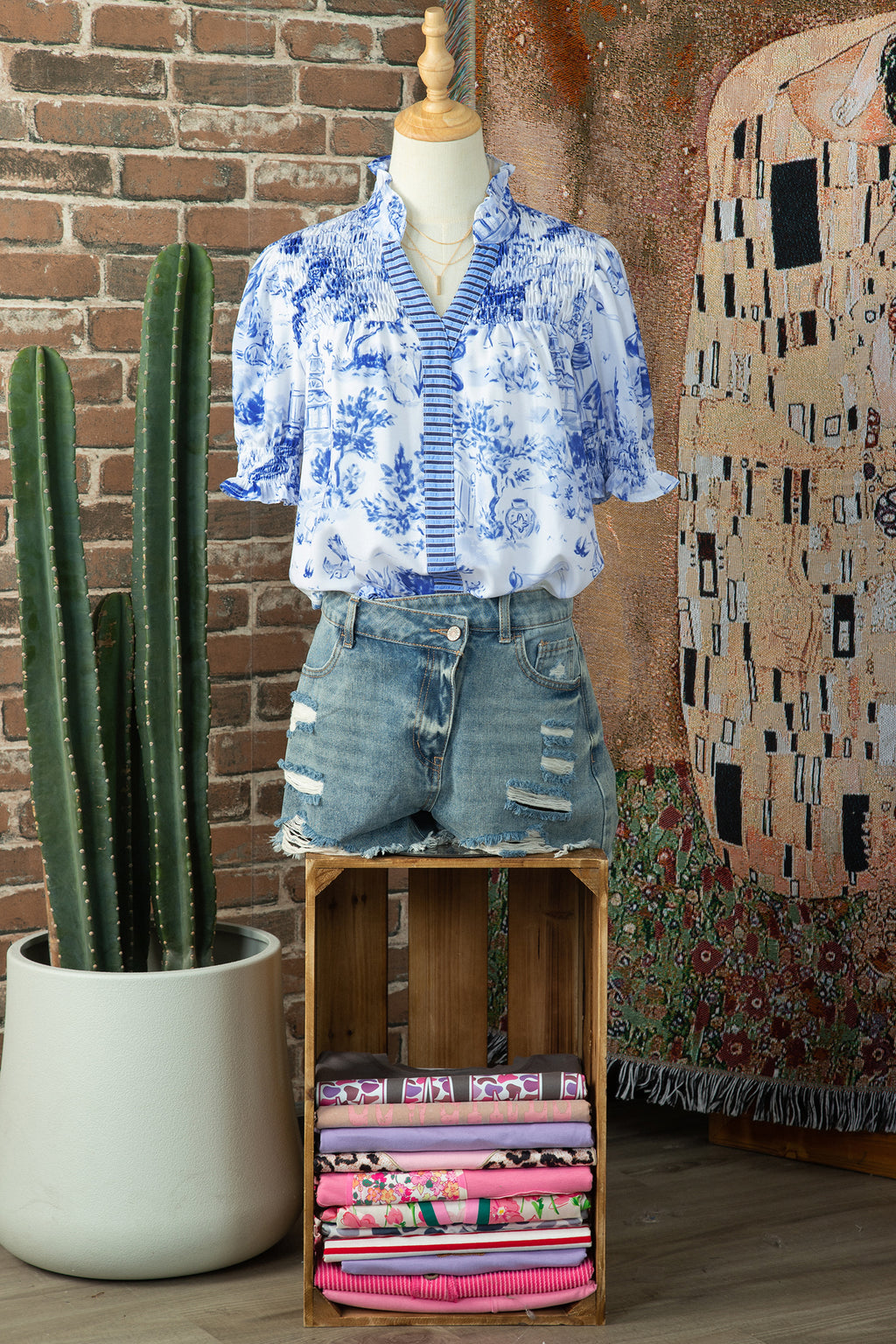 Blue Wild Animal Print Blouse Striped Detail V Neck Short Sleeve Women S-XL