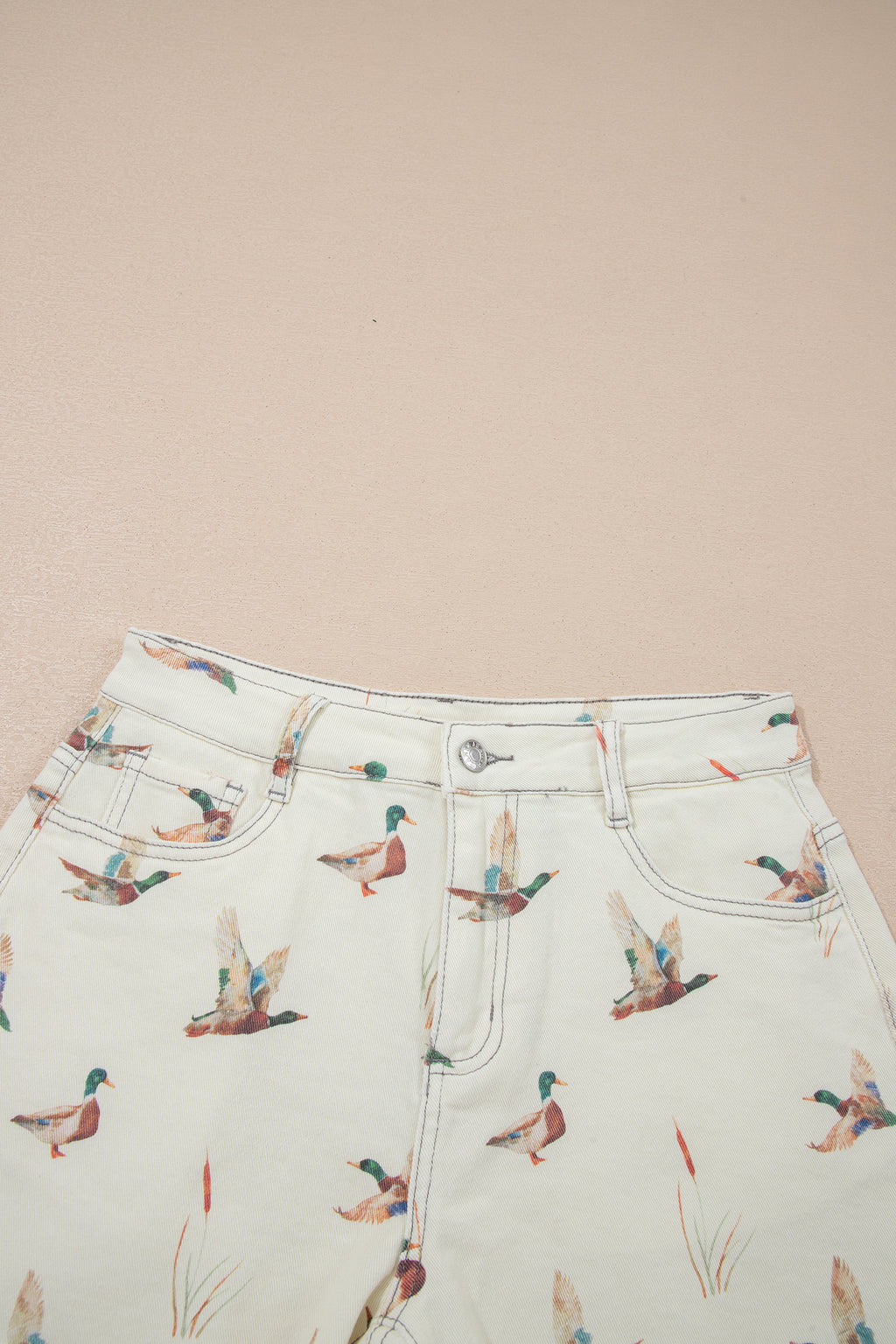 Beige Mallard Print High Waist Frayed Hem Denim Shorts UK 4-16