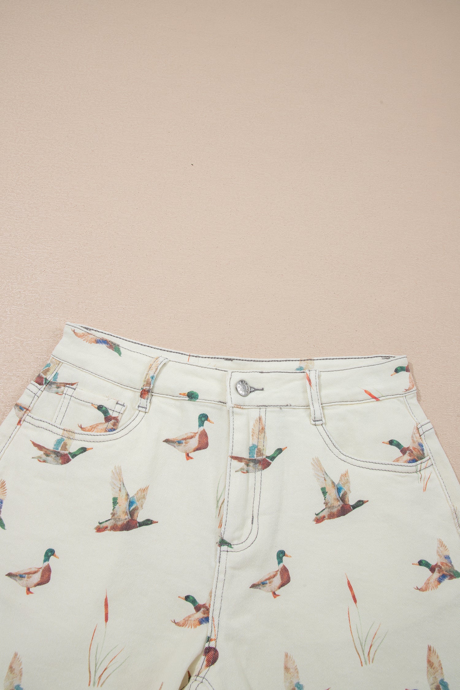 Beige Mallard Print High Waist Frayed Hem Denim Shorts UK 4-16