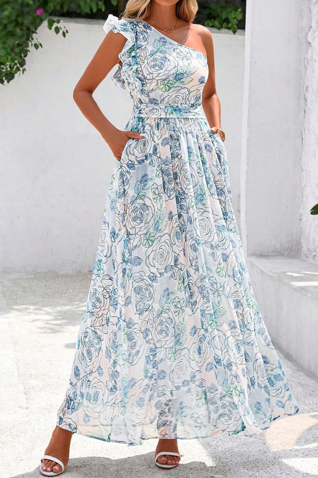 Sky Blue Floral One Shoulder Maxi Dress | Ruffle Sleeveless with Pockets