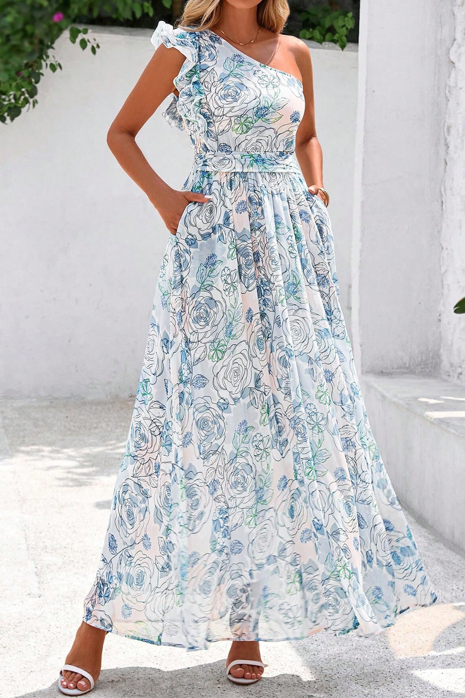 Sky Blue Floral One Shoulder Maxi Dress | Ruffle Sleeveless with Pockets