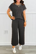 Carbon Grey Leopard Patchwork Twisted Rib T-Shirt & Cropped Pants Set | UK 8–22