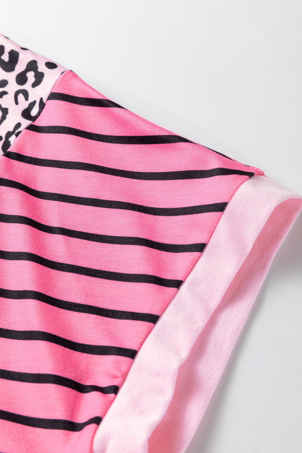 Women's Leopard Stripe Patchwork Top Side Slit Loose Short Sleeve | Pink at LivelyLooks