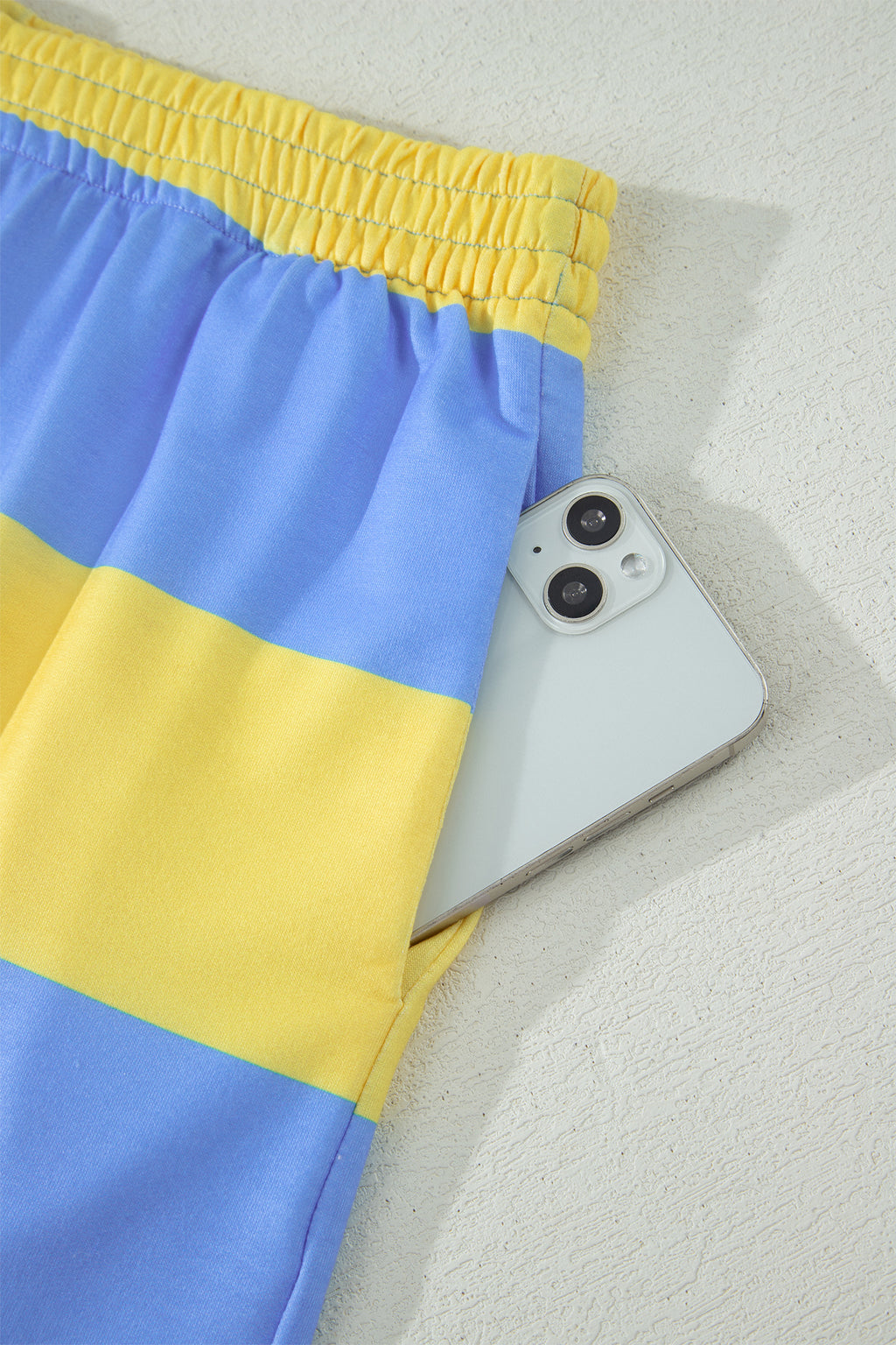 Seam Detail Half-Zip Tee & Casual Shorts Co-ord | Pink, Sky Blue & Yellow Stripe