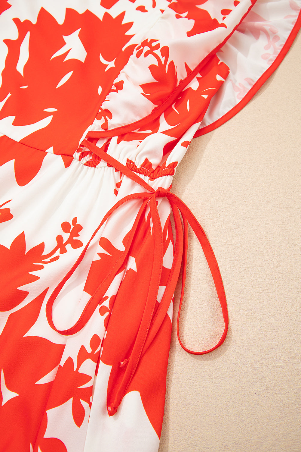 Red Floral Print Trimmed V Neck Ruffle Sleeve Long Dress S-XL